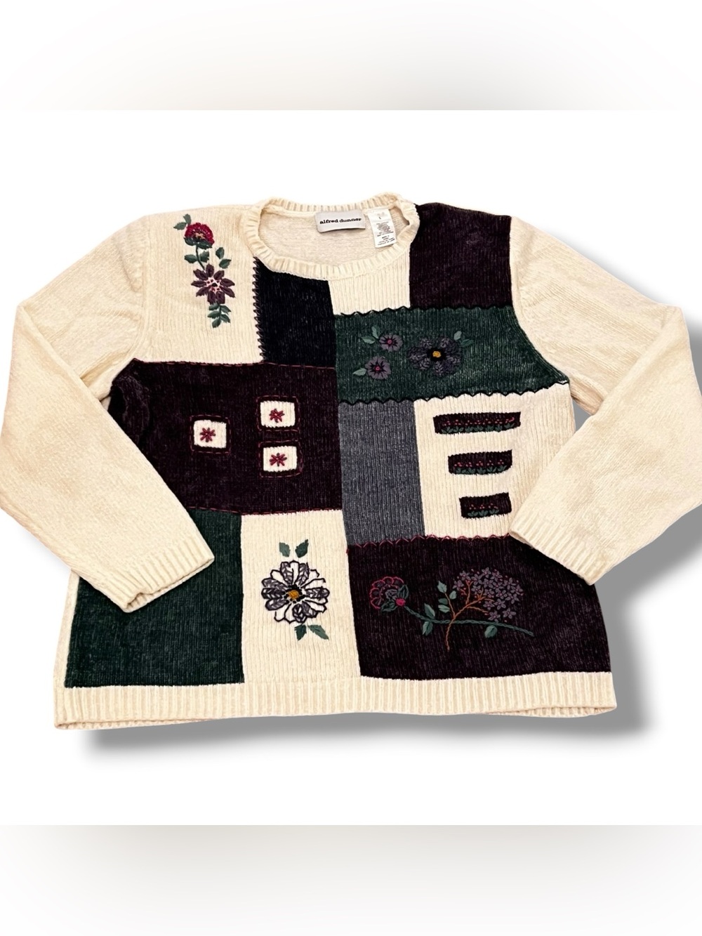 Vtg Alfred Dunner Cream Green Purple Floral Sweater Size L Boho Grannycore F-1